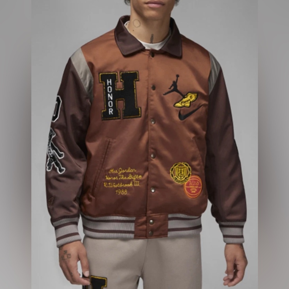 AIR JORDAN X HONOR THE GIFT VARSITY JACKET BROWN DX6243-204 MEN’S XL $350 RARE